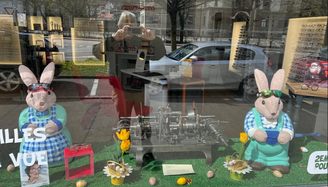 Check out this optometrist office in Moutier— displaying an antique screw machine in between the eyeglass bunnies